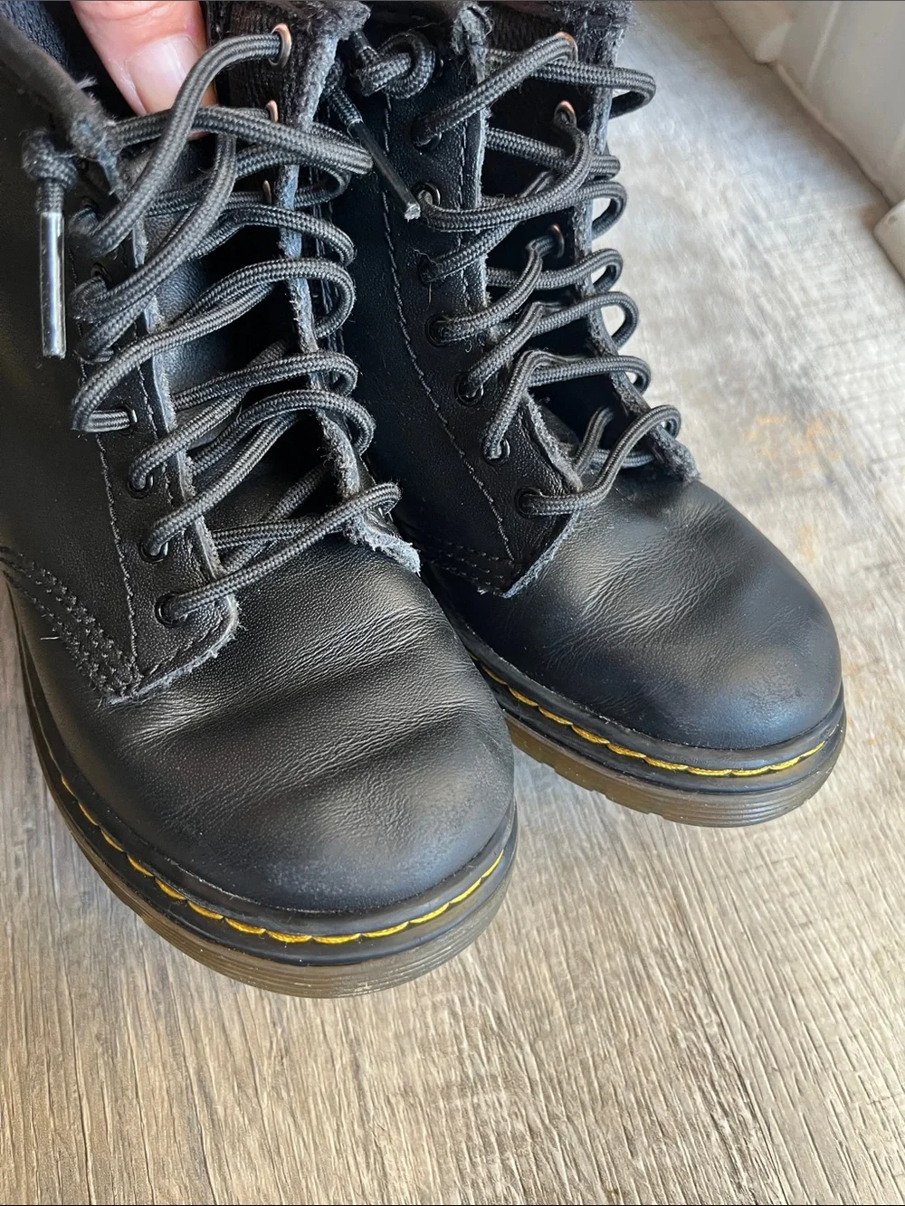 Dr. Martens Kids Black Leather Lace-Up Boots Yellow Stitching, Sz 9